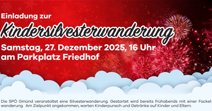 Kindersilvesterwanderung, Samstag den 27. Dezember 2025 um 16 Uhr, Treffpunkt: Parkplatz Friedhof